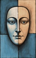 A two toned expressive abstract painting of a Cubism face gradiently split exactly in a top and bottom two section image with a top and bottom.