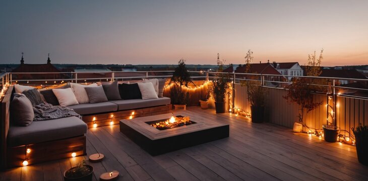 View over a cozy outdoor terrace with outdoor string lights. Autumn evening on the roof terrace design.