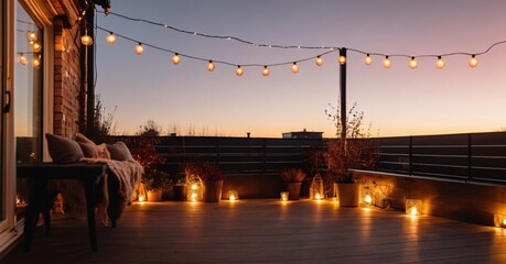View over a cozy outdoor terrace with outdoor string lights. Autumn evening on the roof terrace design.