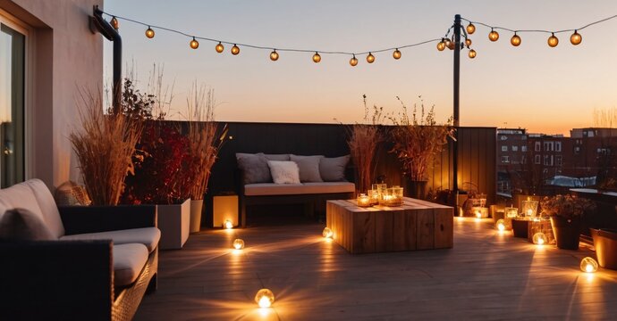 View over a cozy outdoor terrace with outdoor string lights. Autumn evening on the roof terrace design.