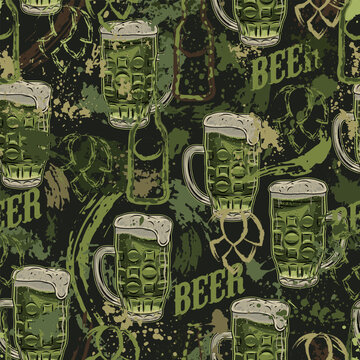Khaki green grunge camouflage pattern with beer glass, abstract paint splatter, smudges, brushstrokes, blots. Outline silhouette of bottles, hop cones. Random composition.