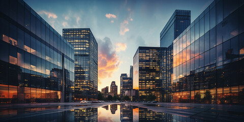 Cityscape of modern city at night with reflection in glass window, Reflective skyscraper business office buildings - obrazy, fototapety, plakaty