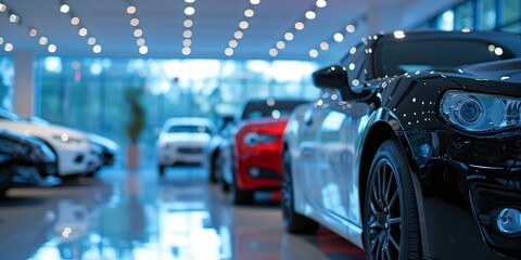 New cars in the showroom show waiting for sale to customer. - obrazy, fototapety, plakaty
