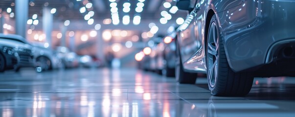 New cars in the showroom show waiting for sale to customer. - obrazy, fototapety, plakaty