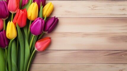 Bouquet of tulips on a light wooden background