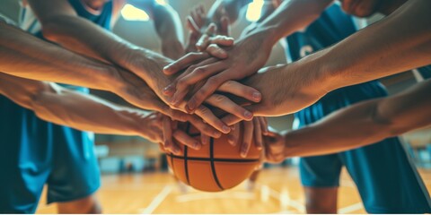 Basketball team connecting hands in huddle