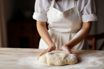 Beautiful and strong women's hands baker chef knead the dough on the wooden table  make for bread, pasta or pizza. Lifestyle concept suitable for meals and breakfast. Close-up.