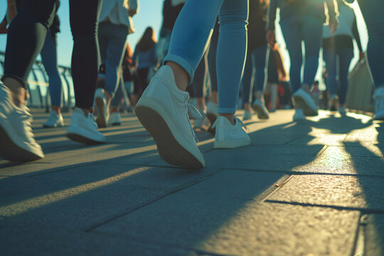 Photos of people's feet walking down the street. Only the legs are visible in the photo