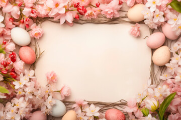 Delicately colored Easter eggs and delicate spring flowers lie on soft pink surface, creating perfect place for text and advertising. Concept of symbol and celebration of Easter holiday. Copy space.