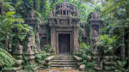 Ancient Temple Entrance Surrounded by Lush Greenery