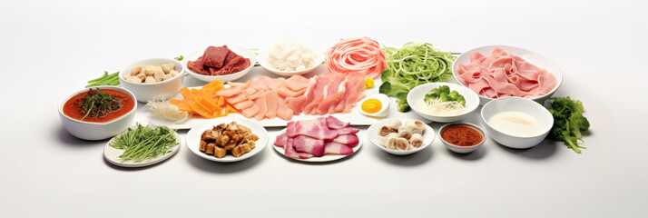 Raw korean food with meat and vegetables on white background. Asian ingredients for cooking in white plates and bowls on white marble serving platter. Generative AI.