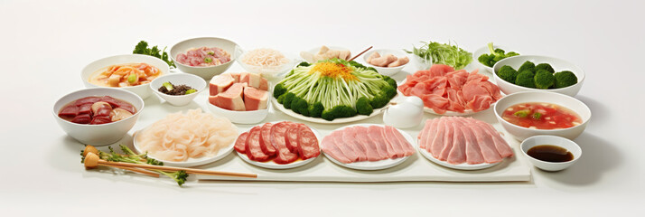 Raw korean food with meat and vegetables on white background. Asian ingredients for cooking in white plates and bowls on white serving platter. Generative AI.