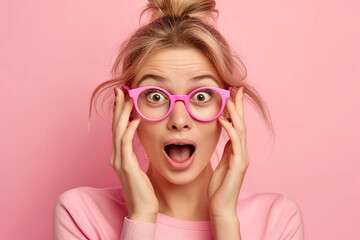 Surprised Young Woman with Pink Glasses - obrazy, fototapety, plakaty