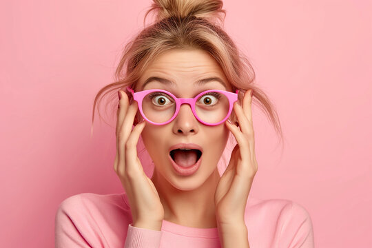 Surprised Young Woman with Pink Glasses