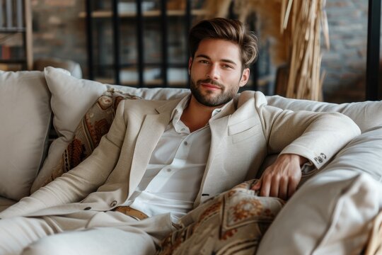 On a sofa, a dapper man in a beige suit is unwinding. Generative Ai.
