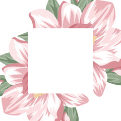 template for a holiday card or invitation in a floral style, namely with open buds of spring, pink magnolias and an empty square in the middle for a greeting text, vector