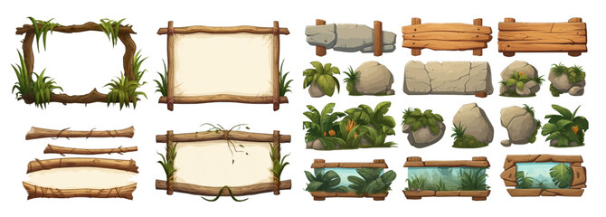 Collection of Natural Wooden and Stone Frames with Lush Greenery for Game UI, Isolated Elements for Eco-Friendly Design