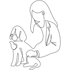 logo, line drawing for a pet store or animal clinic, which is a drawn female veterinarian examining a dog in one line, vector