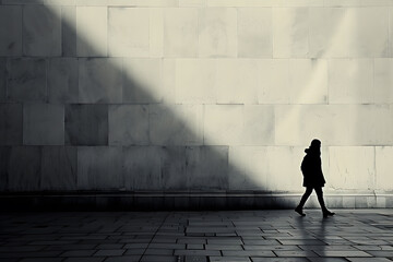 A lonely silhouette of person against the backdrop of huge gray building. Black and white - Powered by Adobe