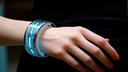 Futuristic smartwatch with AI biomonitoring wearable device demonstrates health records, AI generated photo, copy space for text