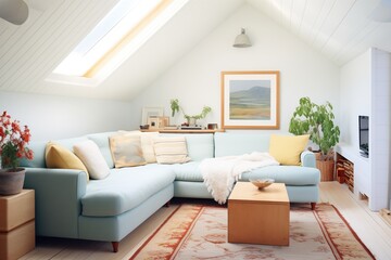 attic nook with a low sofa, soft rug, and skylight above - obrazy, fototapety, plakaty