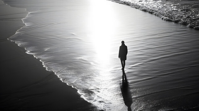 Lonely silhouette of person standing in shallow water. Black and white