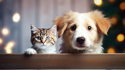 A cat and a dog peeking out from behind a wooden board. Cute puppy and kitten with a defocused background, cozy atmosphere. Promotional banner for animal shelter, pet shop or vet clinic.