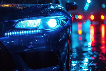Blue headlights on a car. Generative Ai.