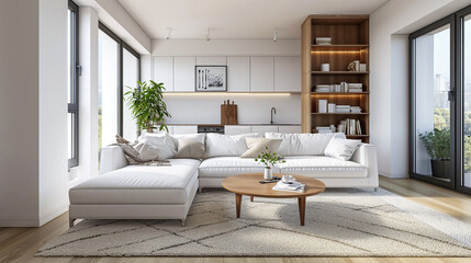 Fototapeta na wymiar Studio apartment with white corner sofa. Generative AI