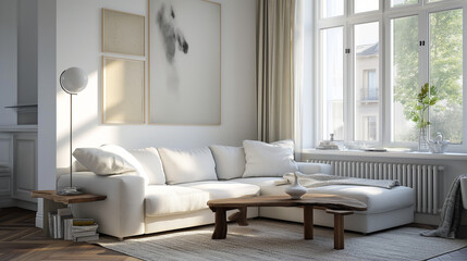 Studio apartment with white corner sofa. Generative AI
