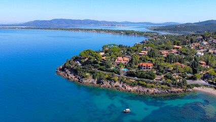 Fototapeta premium aerial view of the Argentario coast, in the background the Orbetello lagoon.