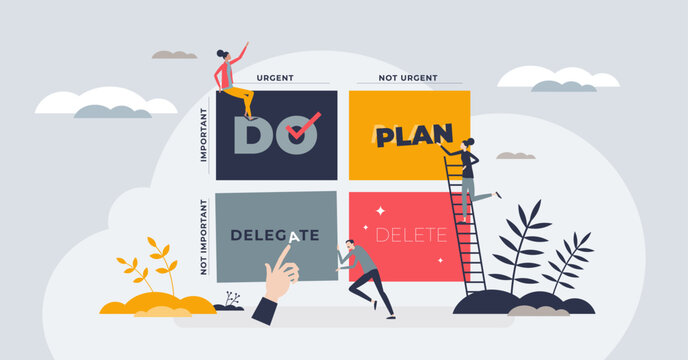 Priority matrix with important and urgent task management tiny person concept. Framework for effective time management and essential work productivity model vector illustration. Do, plan or delegate.
