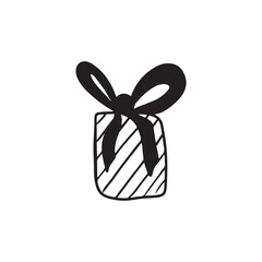 Cute striped gift box with ribbon bow in black isolated on white background. Hand drawn vector sketch illustration in doodle vintage engraved outline, line art style. Holiday, gift, celebration.