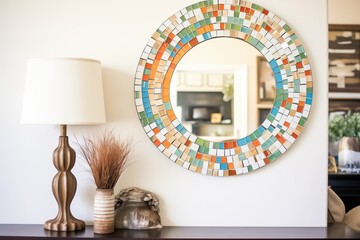 repurposed cd mosaic mirror frame on a bedroom wall