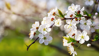 Obraz premium Cherry tree branch with blooming flowers in garden over bokeh background