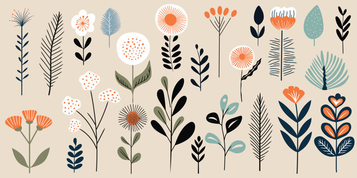 Hand drawn plant elements, flowers and leaves, vector design	