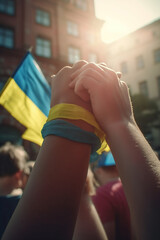 Fototapeta premium Two individuals clasp hands symbolically below the Ukrainian flag, representing solidarity and hope during a sunset.