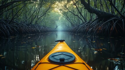 A kayak tour through a serene mangrove forest, focusing on aquatic ecosystems. - obrazy, fototapety, plakaty