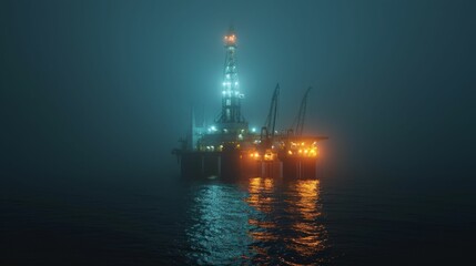Obraz premium A lone deep-sea drilling vessel illuminated by the eerie glow of underwater lights.
