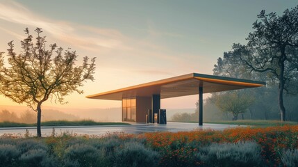 A minimalist and eco-friendly fuel station integrated into a green landscape.
