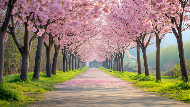 Walking spring trees under a straight path the beautiful sakura tree or cherry tree tunnel blossom nature landscape.
