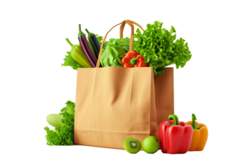 bag with a variety of fruits and vegetables isolated on a white background.
