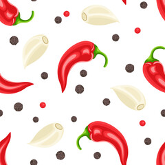 Background  with dry peppercorns, garlic cloves and hot red chili peppers. Food seamless pattern. Vector cartoon flat illustration of spicy spices.