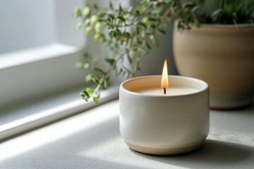 Fototapeta na wymiar White soy wax candle with a natural scent. Generative Ai.