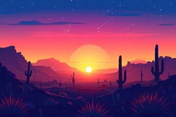 Panoramic picture of the desert at sunset. Generative Ai.