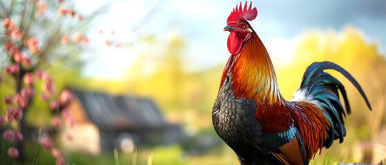 Colorful rooster in front of the farm on beautiful summer morning. Farm animals illustration.