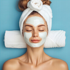 Woman relaxing in spa center hydrating with facial mask on face and towel under neck and in hair. Beauty and spa concept.