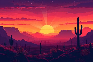 Panoramic picture of the desert at sunset. Generative Ai.