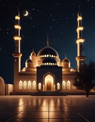 Mosque Building With Moon and Stars in Eid al-Fitr Celebration Eve for Eid al-Fitr Background
