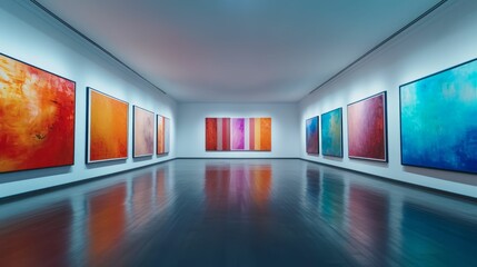 An array of vibrant oil paintings displayed in a modern gallery.